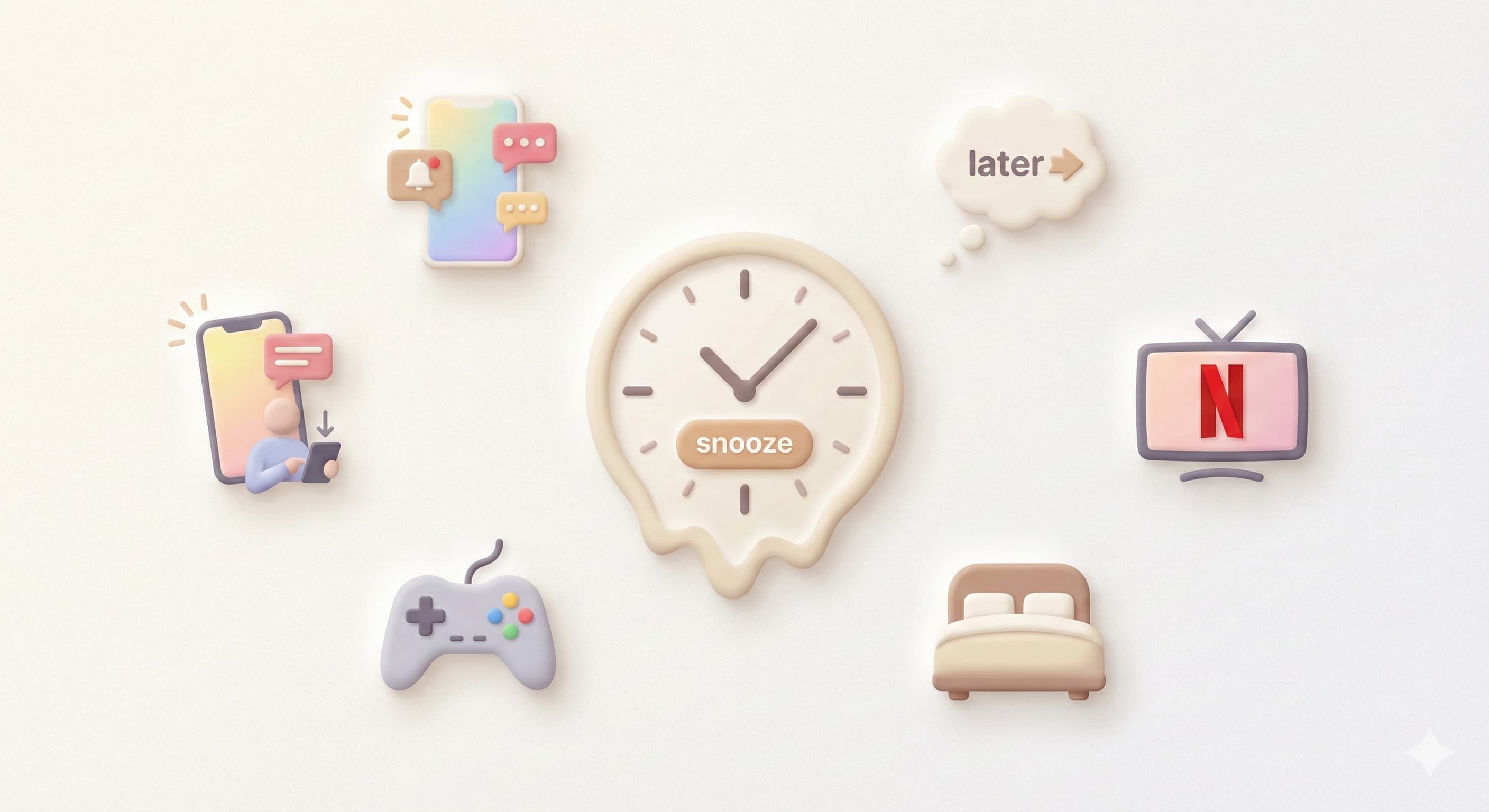 Ilustração da proscrastinação com ícones de aplicativos.