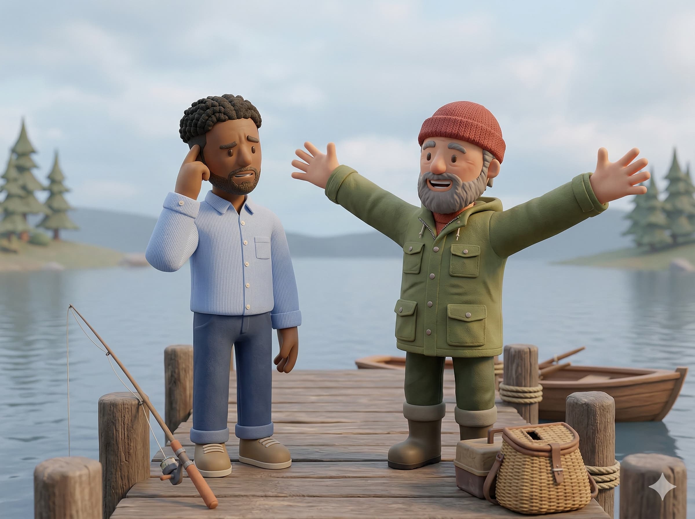 Dois homens discutem sobre o seu hobbie de pescaria. Um diz que pegou um peixe grande, mas será que é verdade?