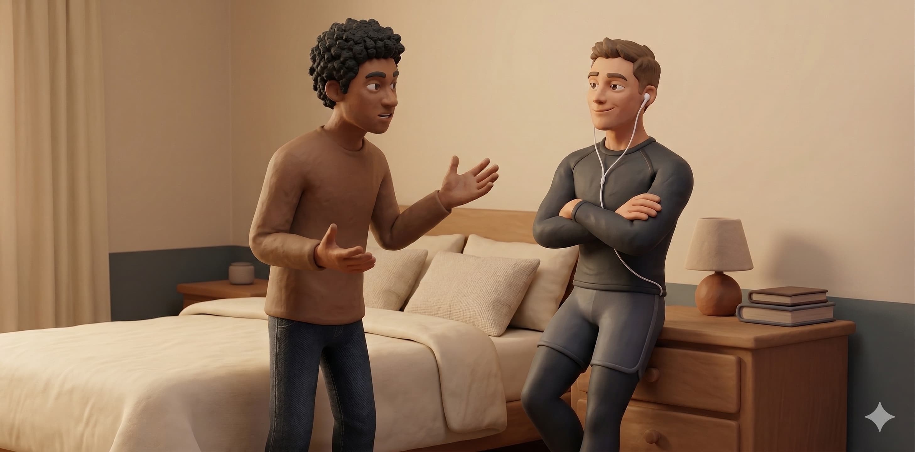 Dois homens em seu quarto. Um está discutindo com o outro, enquanto um deles está com fone de ouvido não prestando atenção.